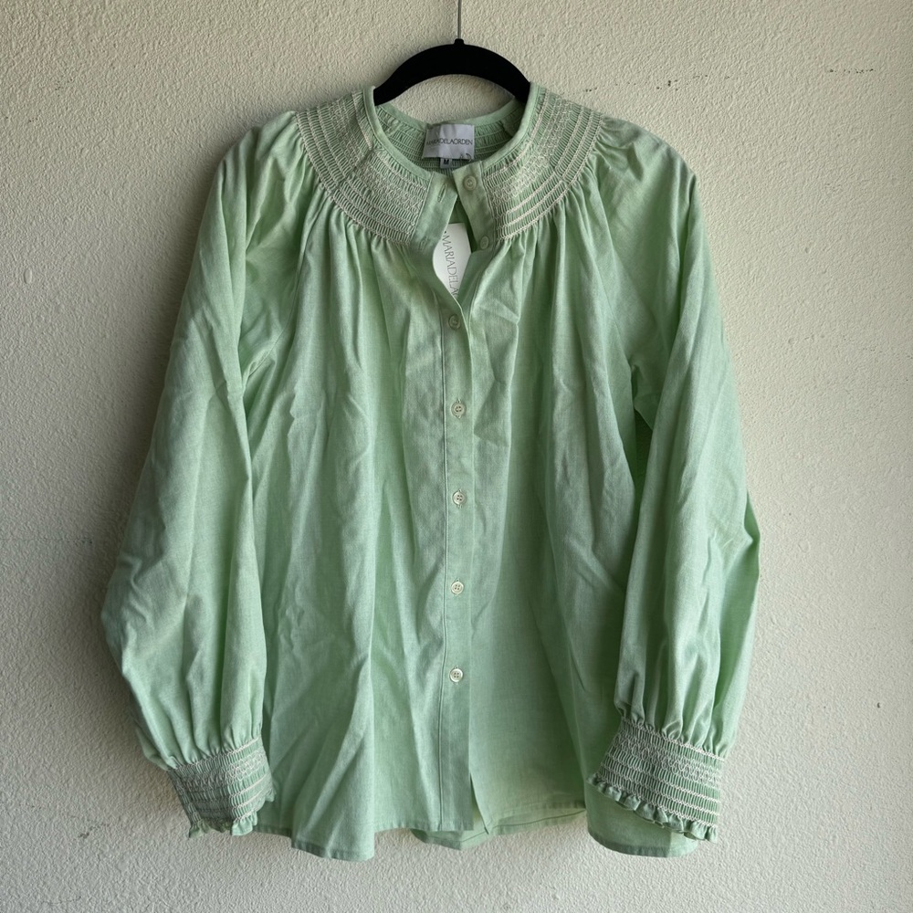 NWT Maria de la Orden Light Green Button Front Top Blouse
